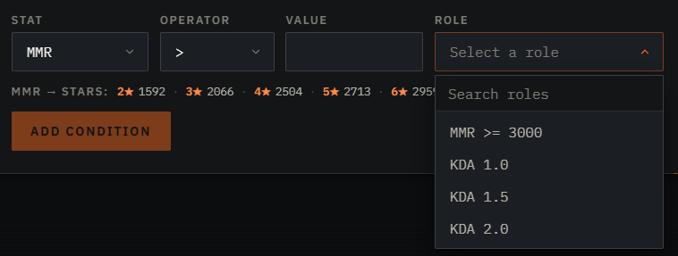 The add-condition row with the role dropdown open