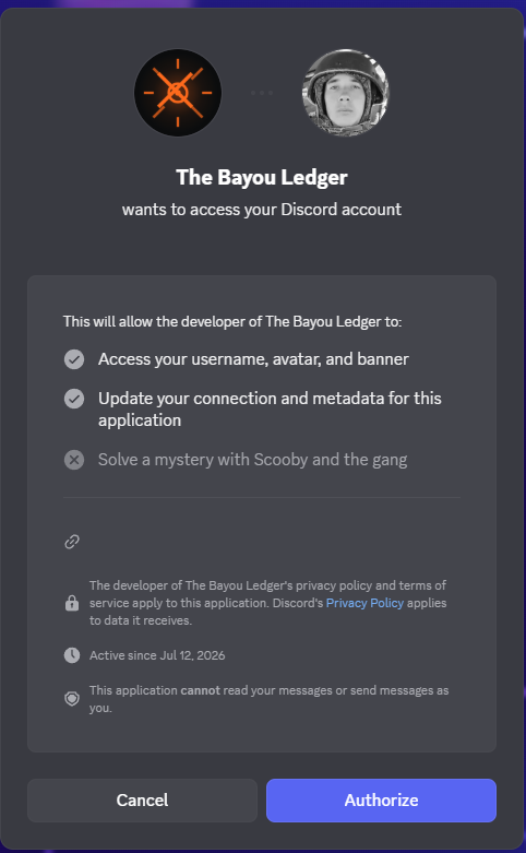 The Discord authorization screen for The Bayou Ledger