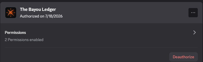 The Bayou Ledger listed under Discord's Authorized Apps, with a Deauthorize button